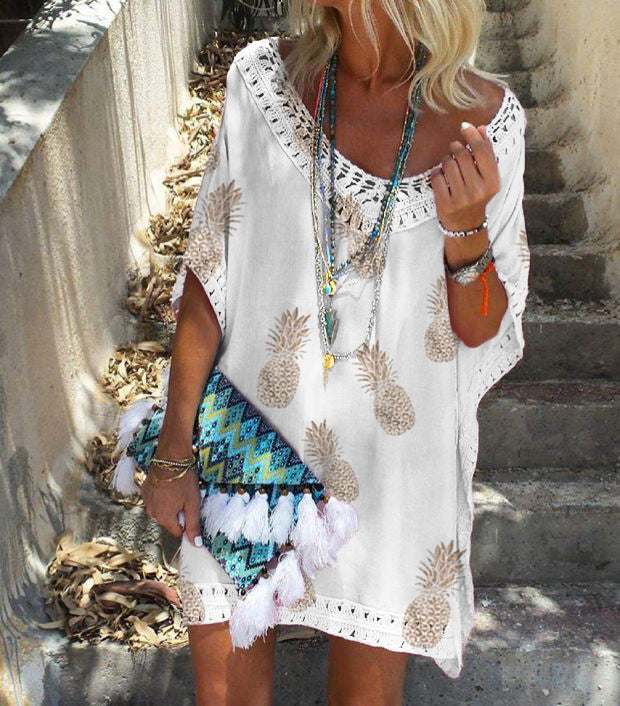 Robe chic imprimée dentelle Amelie Morin été col V