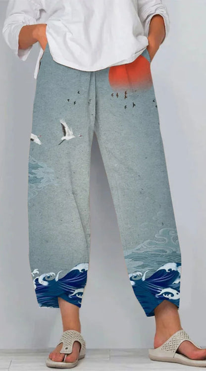 Pantalon en lin artistique Amelie Morin à motif 3D