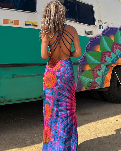 Robe maxi dos nu à motifs géométriques vibrants Amelie Morin